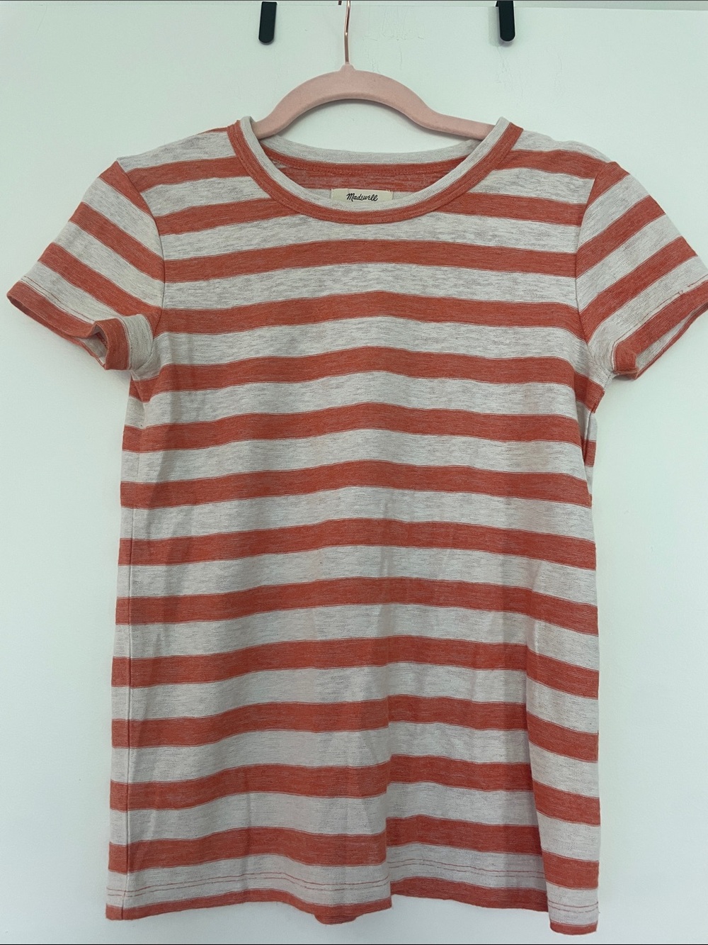 Madewell Striped Crewneck Tee in Coral and White